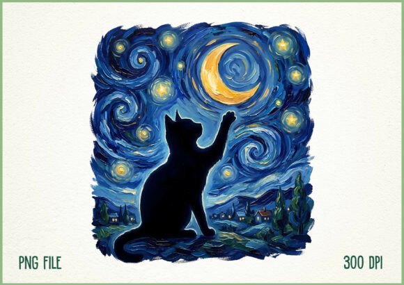 Download Starry Night Cat Painting Moon PNG - Star Collection